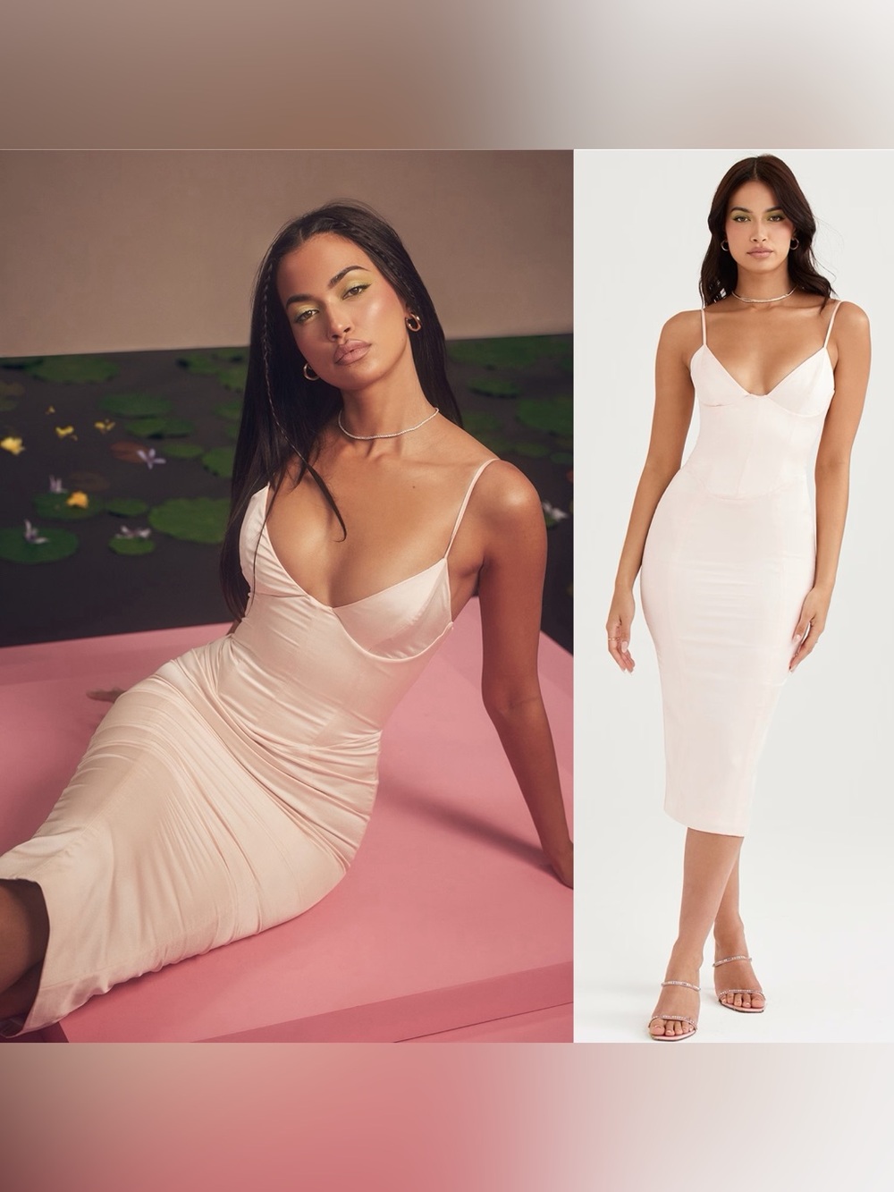 NEW! House of CB- GISELE Peony Satin Corset Midi Dress Size Medium Pink